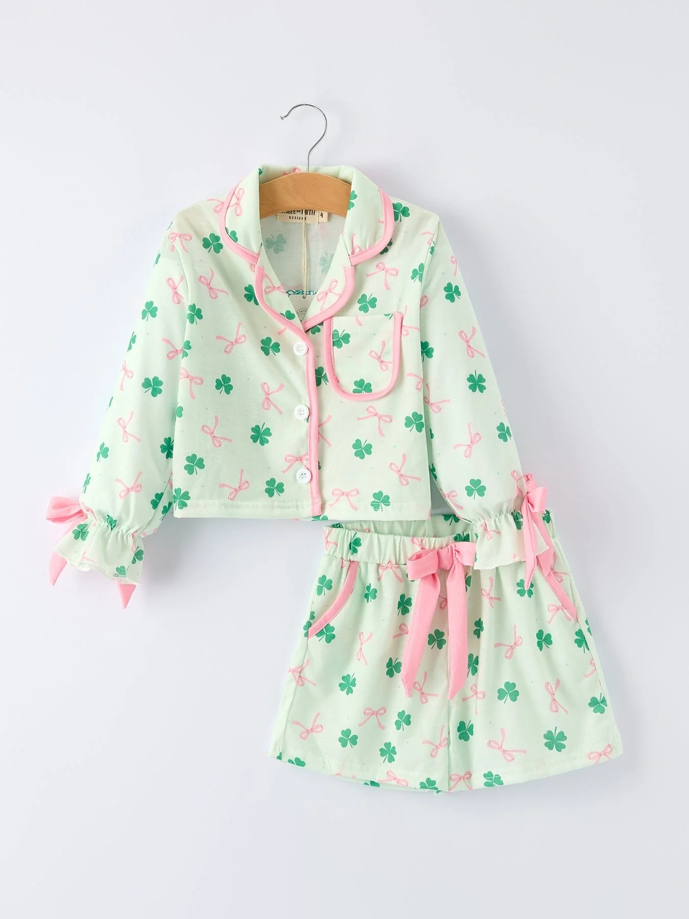 St. Patrick's Day Bow Shamrock Print Ruffles Girls Pajama Set - Image 7