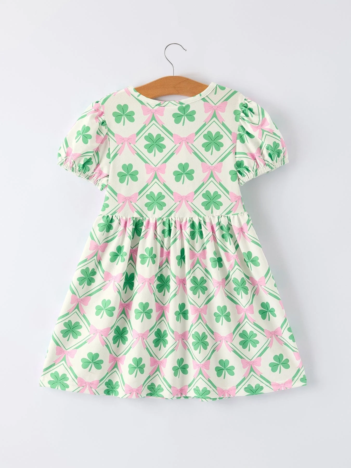 St. Patrick's Day Bow Shamrock Print Short Sleeves Girls Dress - Image 2