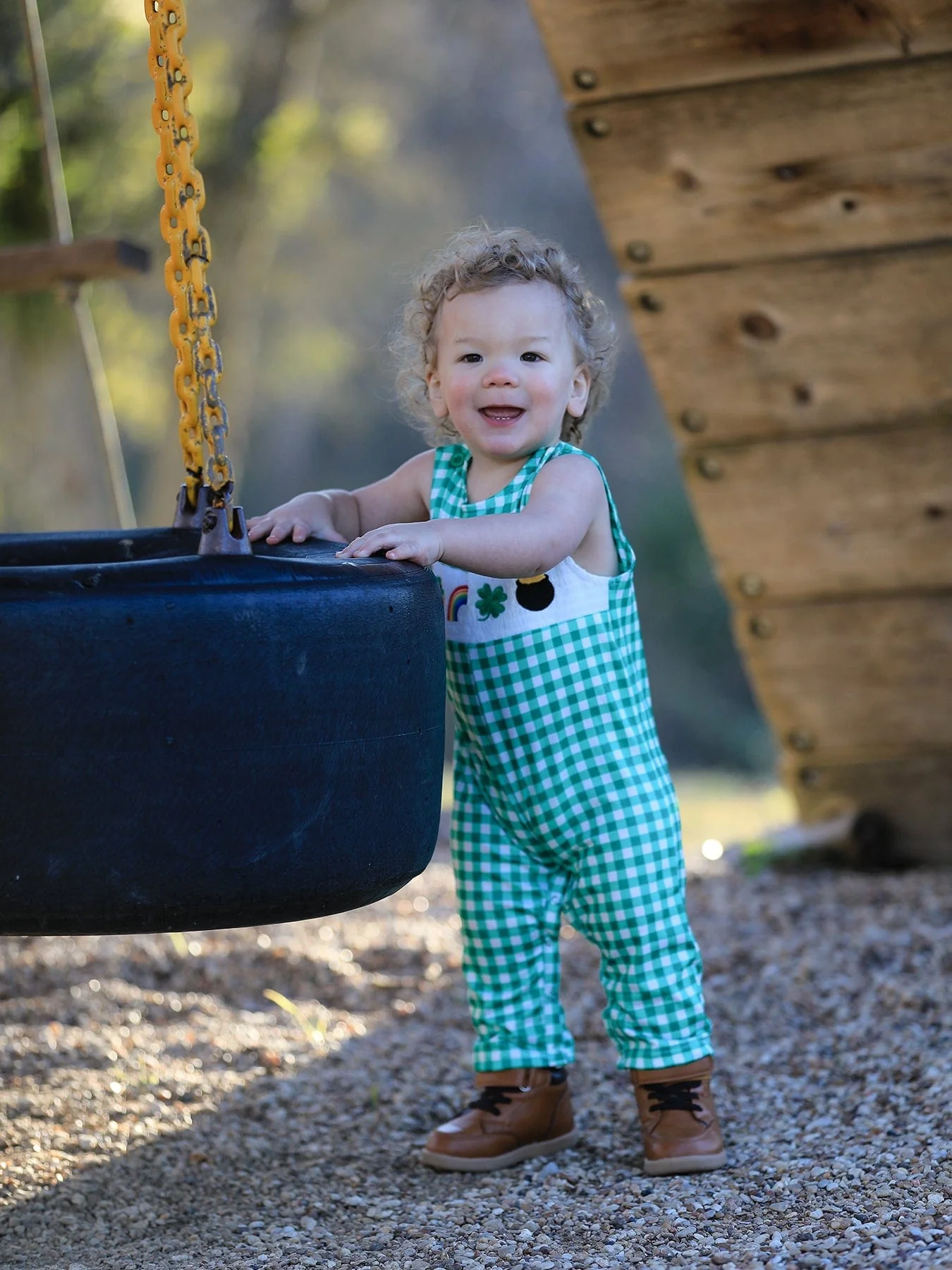 St. Patrick's Day Shamrock Smocking Embroidered Green Plaid Boys' Romper - Image 2