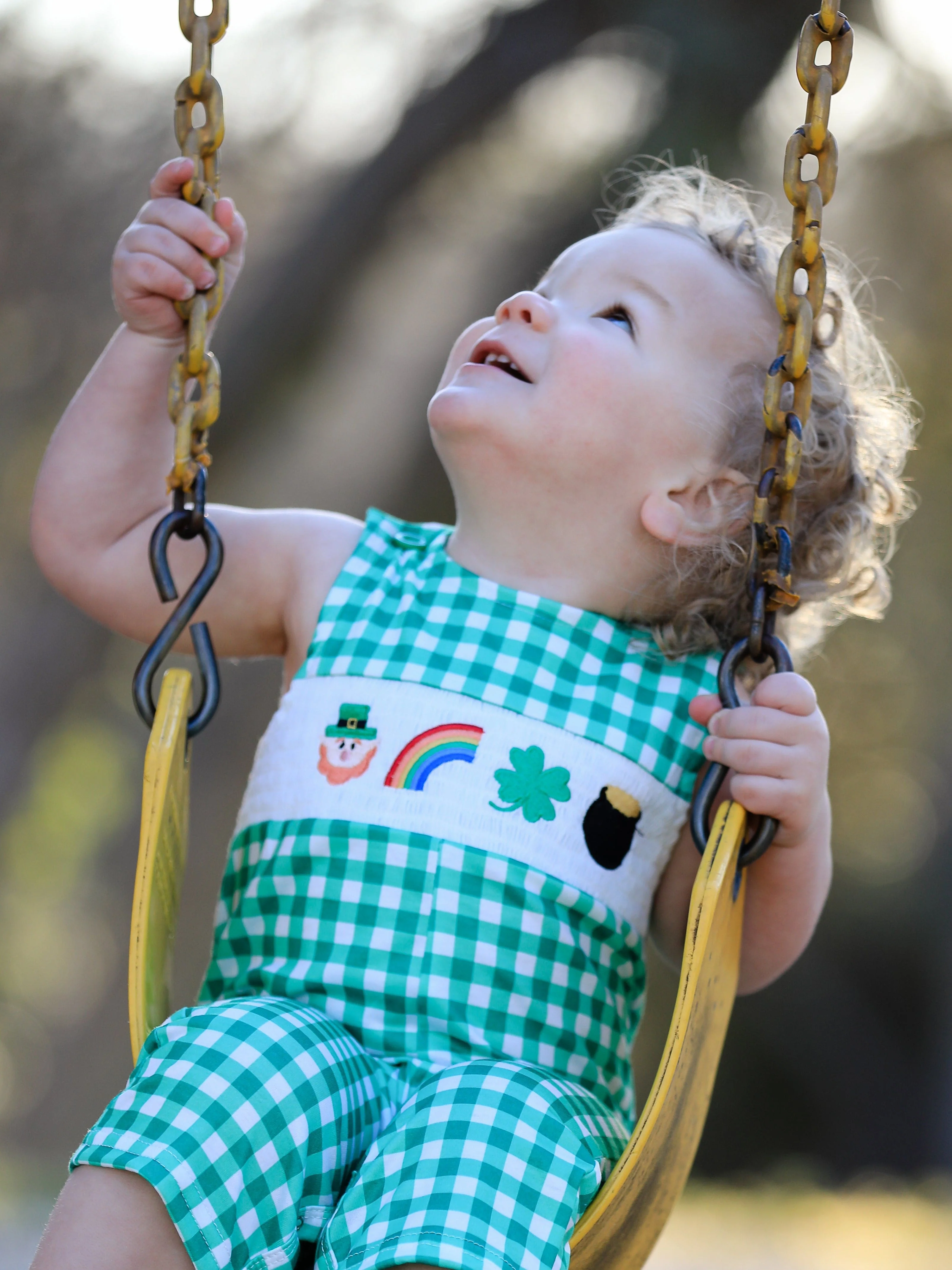 St. Patrick's Day Shamrock Smocking Embroidered Green Plaid Boys' Romper - Image 3
