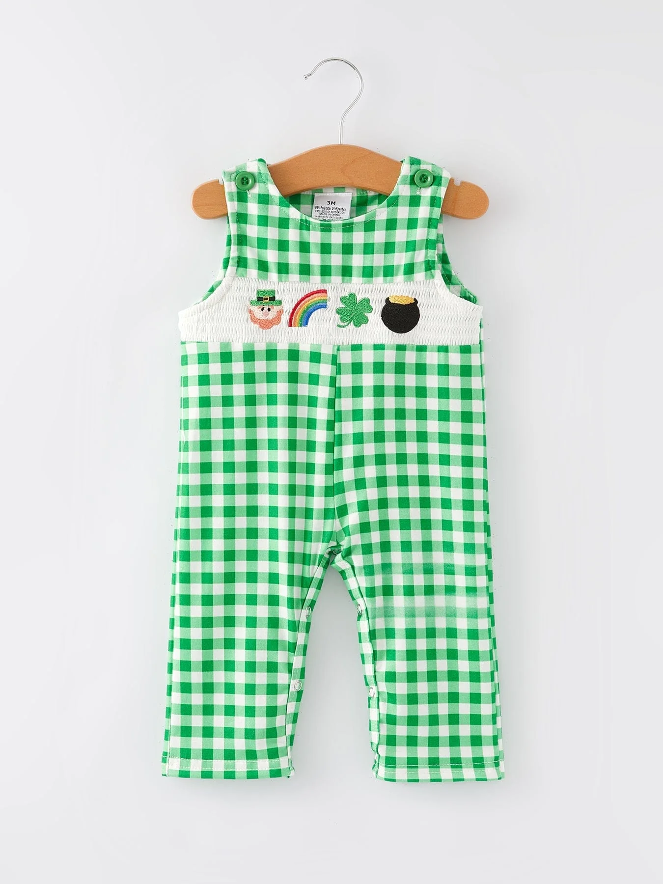 St. Patrick's Day Shamrock Smocking Embroidered Green Plaid Boys' Romper - Image 4