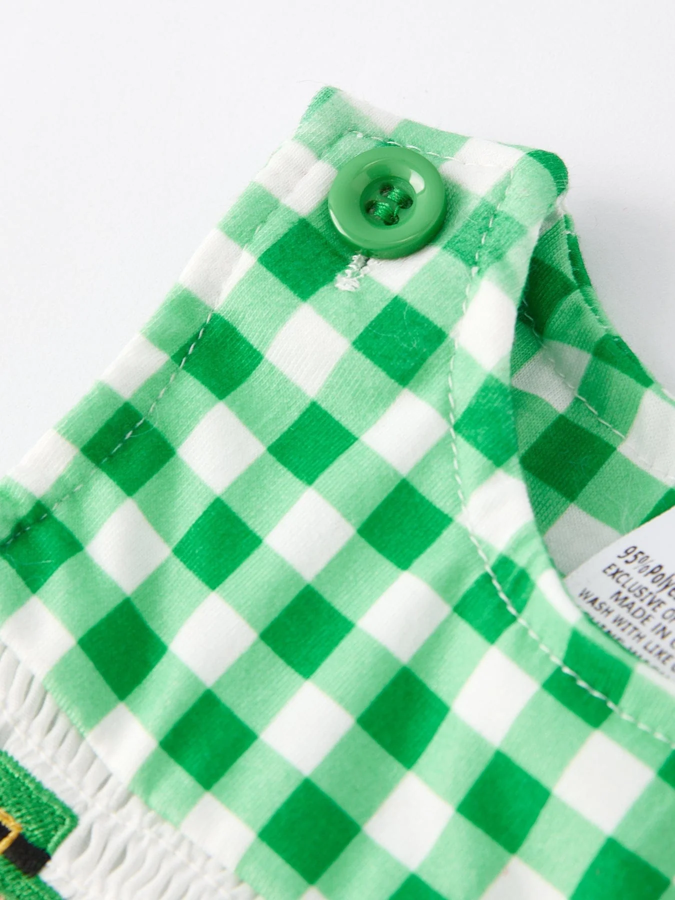 St. Patrick's Day Shamrock Smocking Embroidered Green Plaid Boys' Romper - Image 6