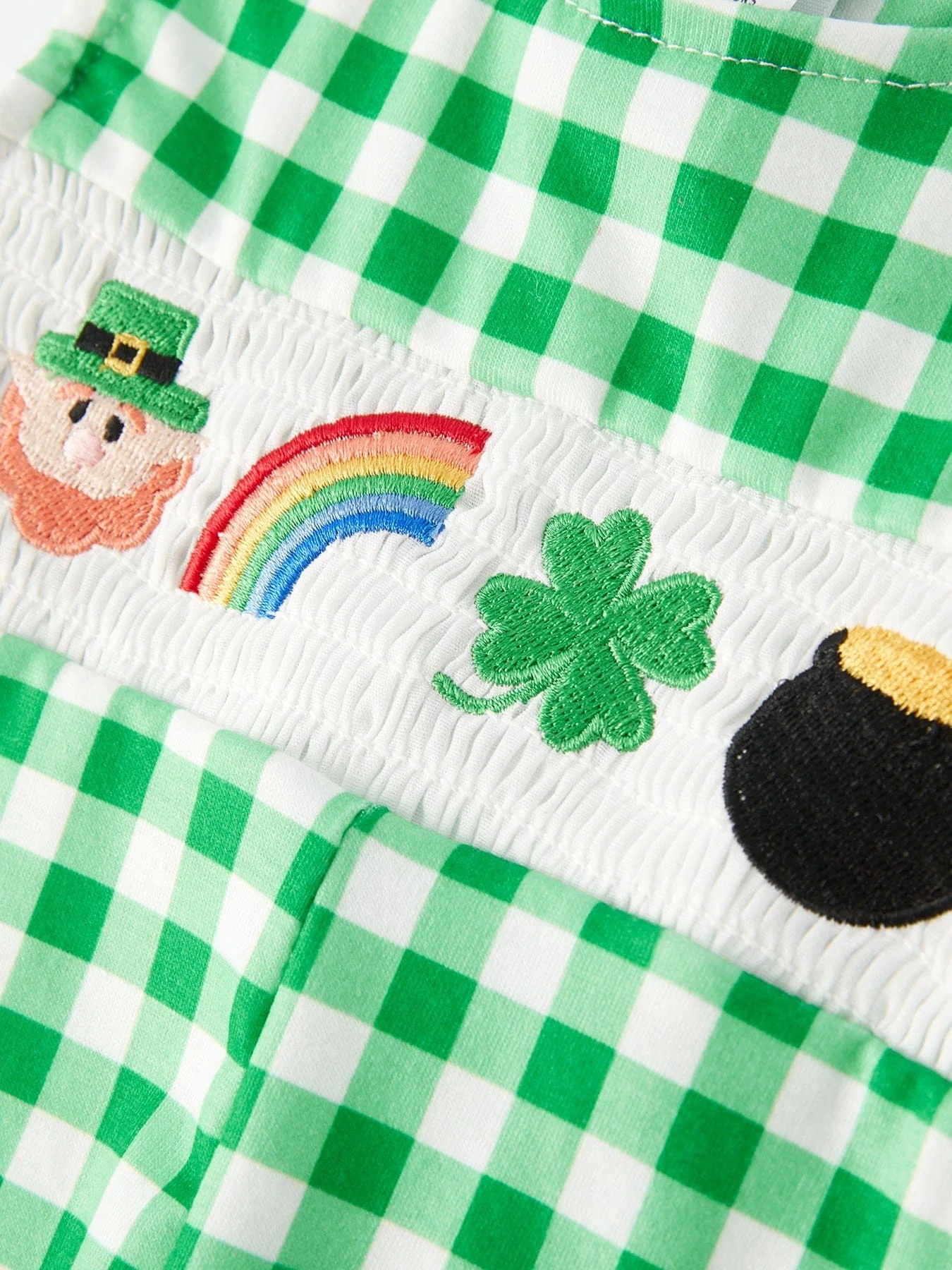 St. Patrick's Day Shamrock Smocking Embroidered Green Plaid Boys' Romper - Image 7