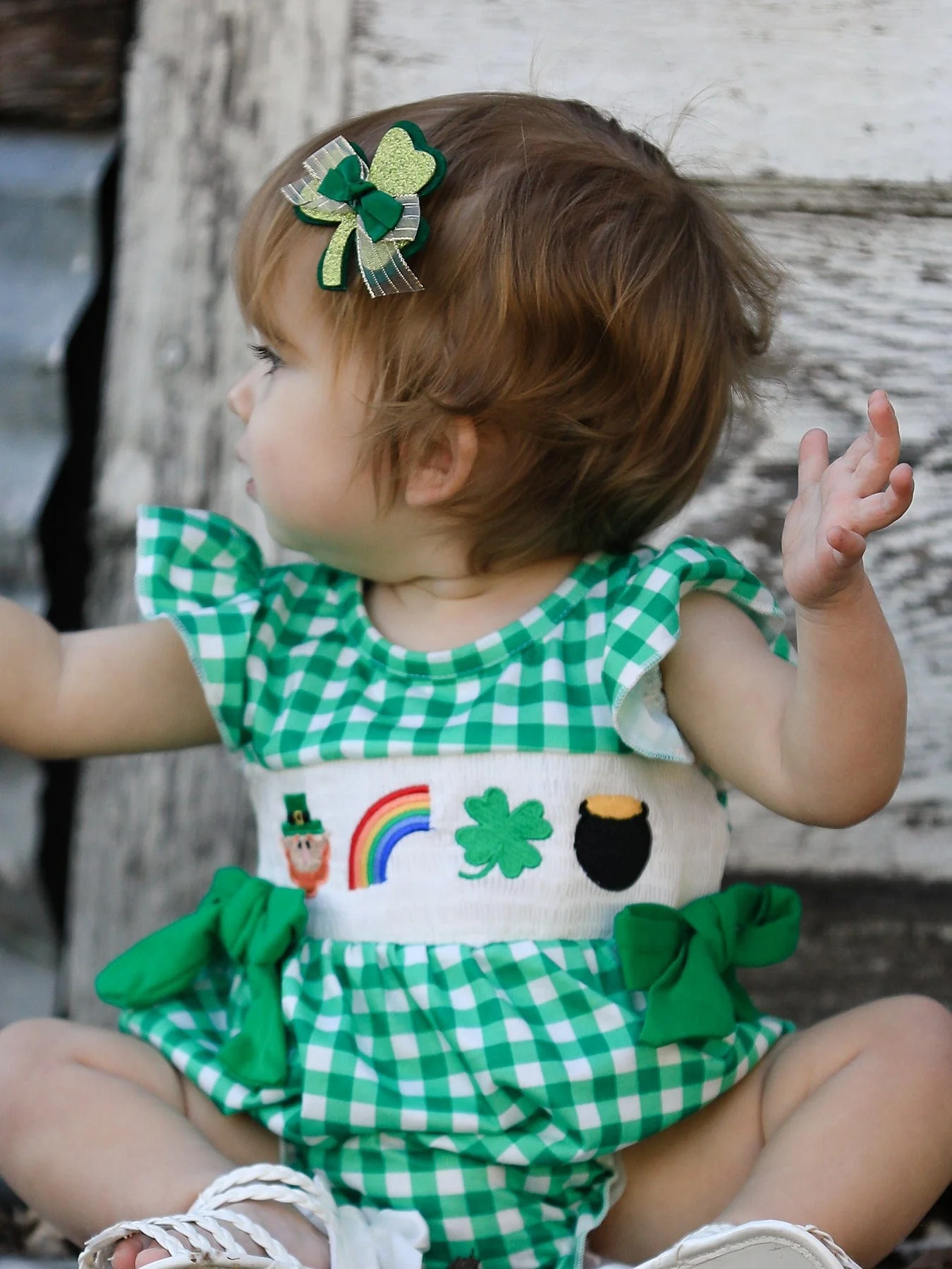St. Patrick's Day Shamrock Smocking Embroidered Plaid Baby Girls Romper - Image 3