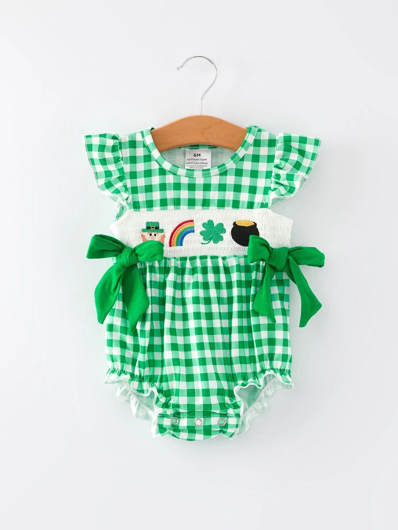 St. Patrick's Day Shamrock Smocking Embroidered Plaid Baby Girls Romper - Image 4