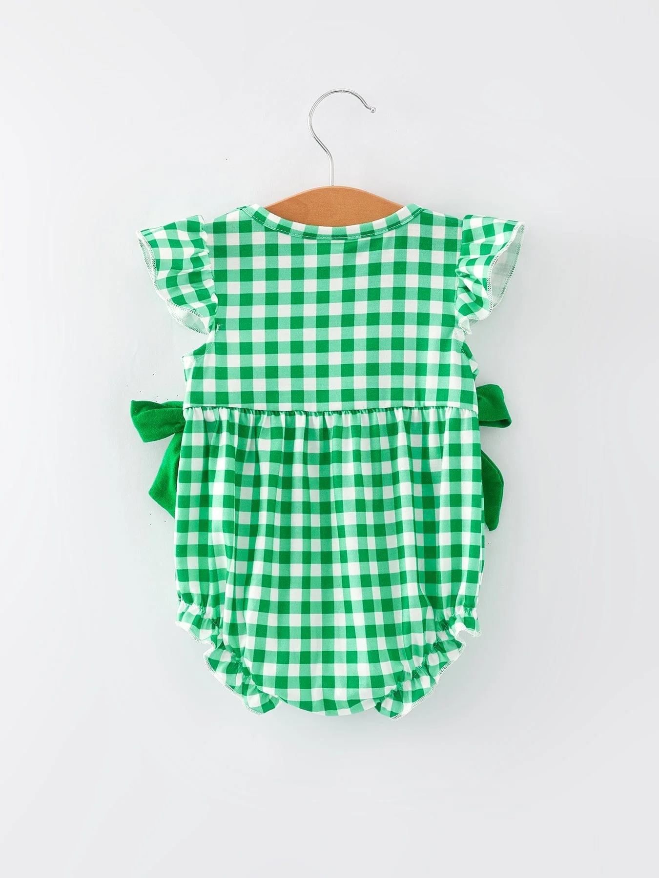 St. Patrick's Day Shamrock Smocking Embroidered Plaid Baby Girls Romper - Image 5