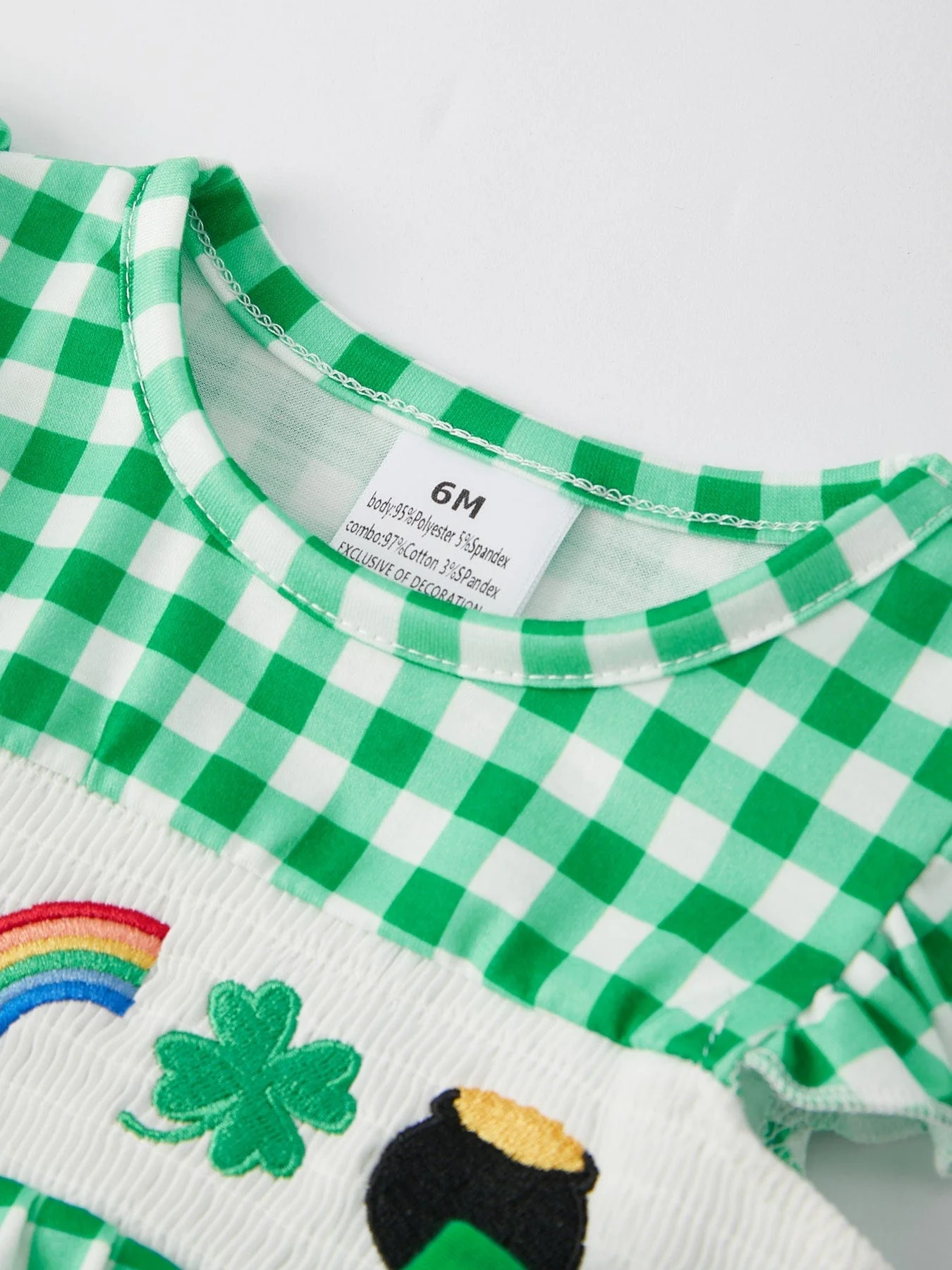 St. Patrick's Day Shamrock Smocking Embroidered Plaid Baby Girls Romper - Image 6