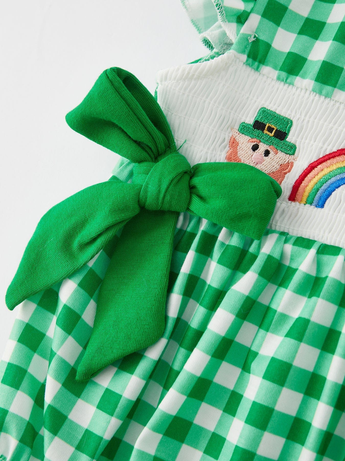 St. Patrick's Day Shamrock Smocking Embroidered Plaid Baby Girls Romper - Image 7