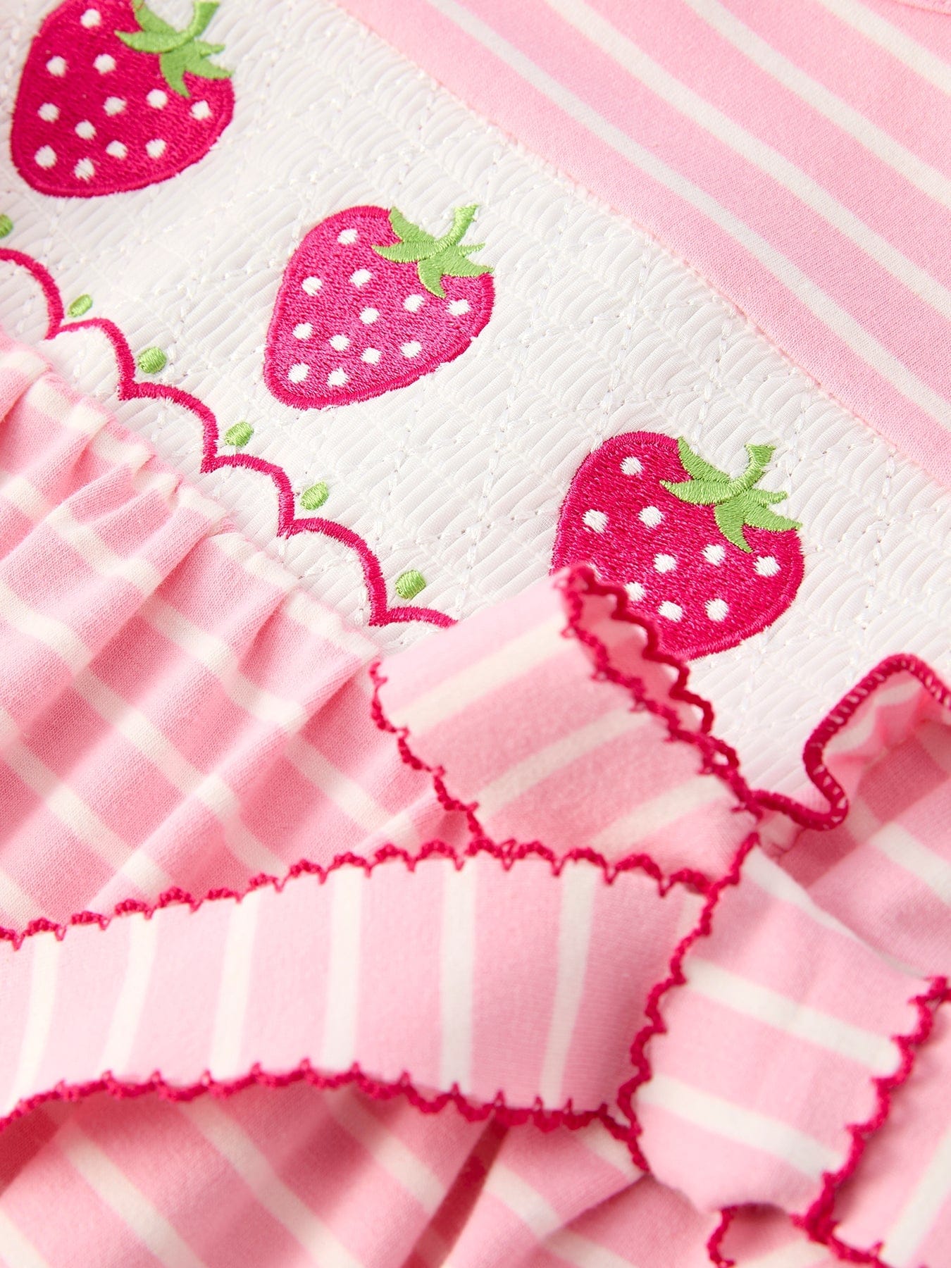 Strawberry Embroidery Pink Stripe Girl Smocked Dress - Image 4