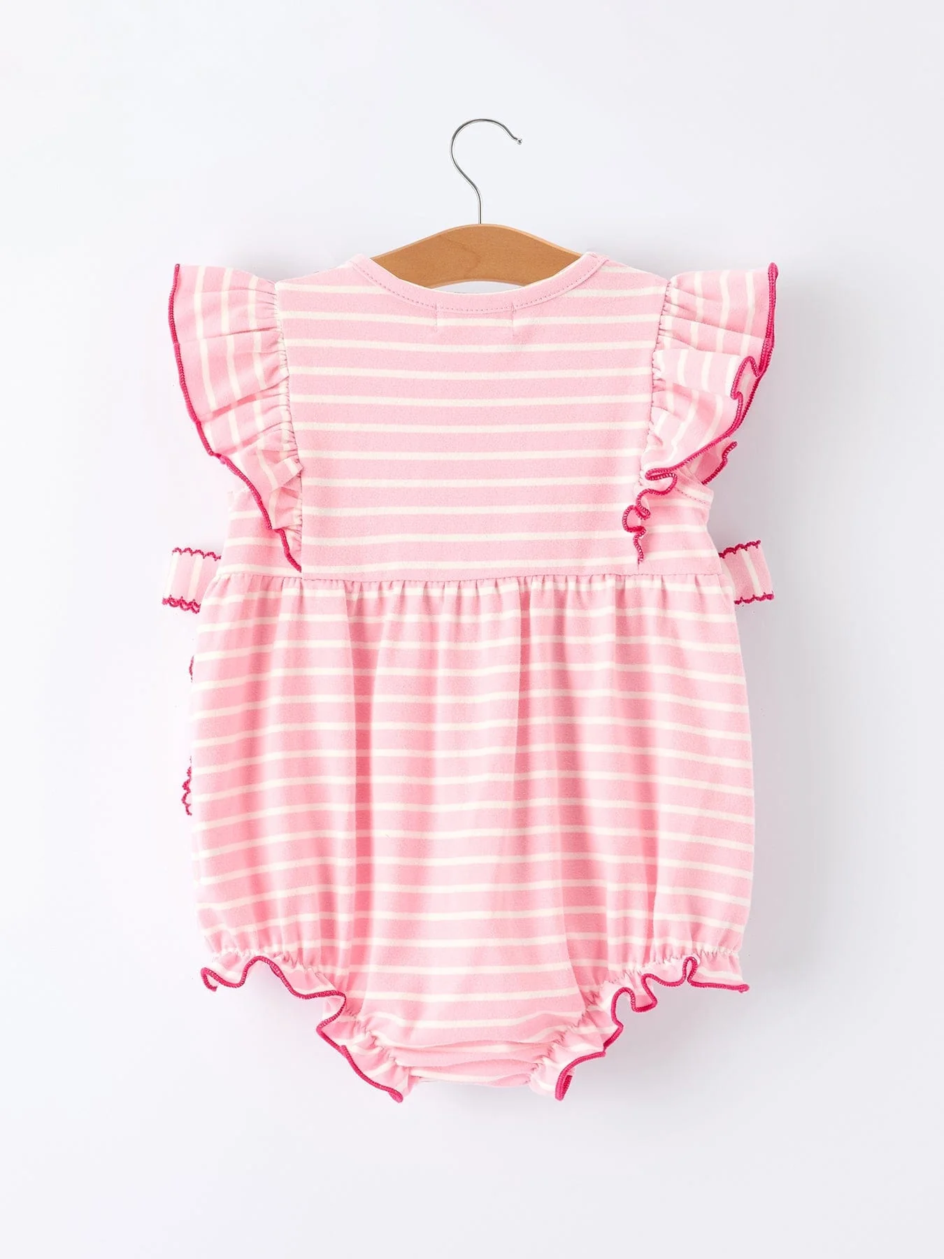 Strawberry Embroidery Pink Stripe Girl Smocked Romper - Image 2