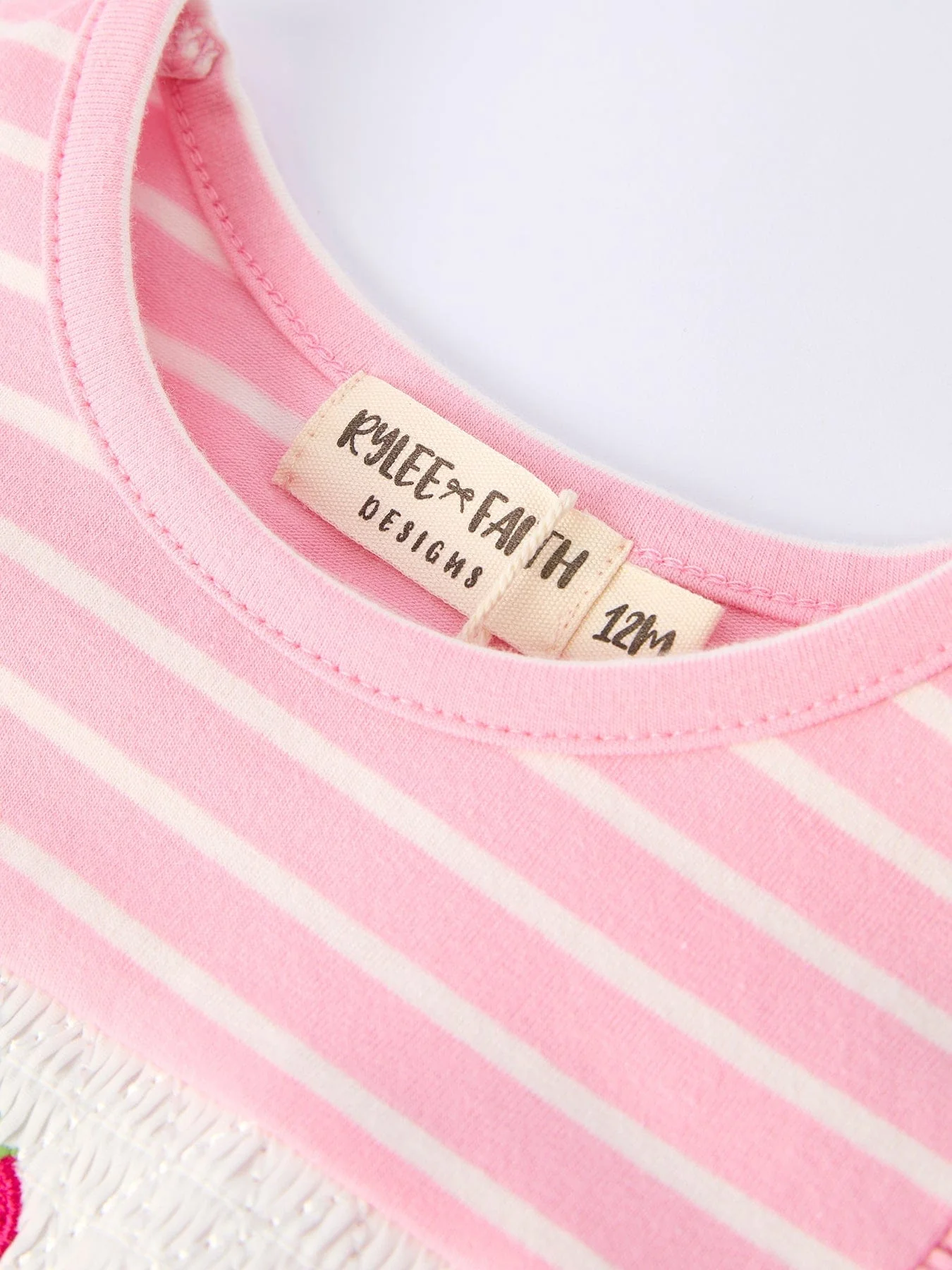 Strawberry Embroidery Pink Stripe Girl Smocked Romper - Image 3
