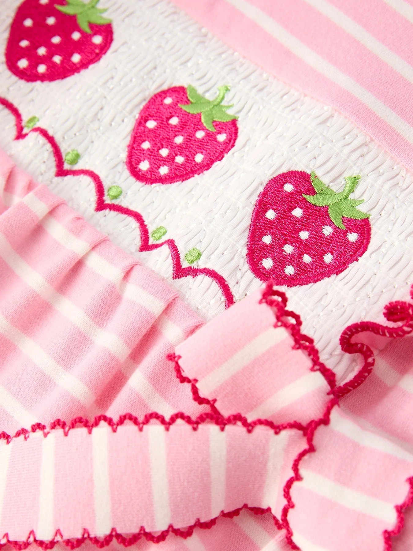 Strawberry Embroidery Pink Stripe Girl Smocked Romper - Image 4