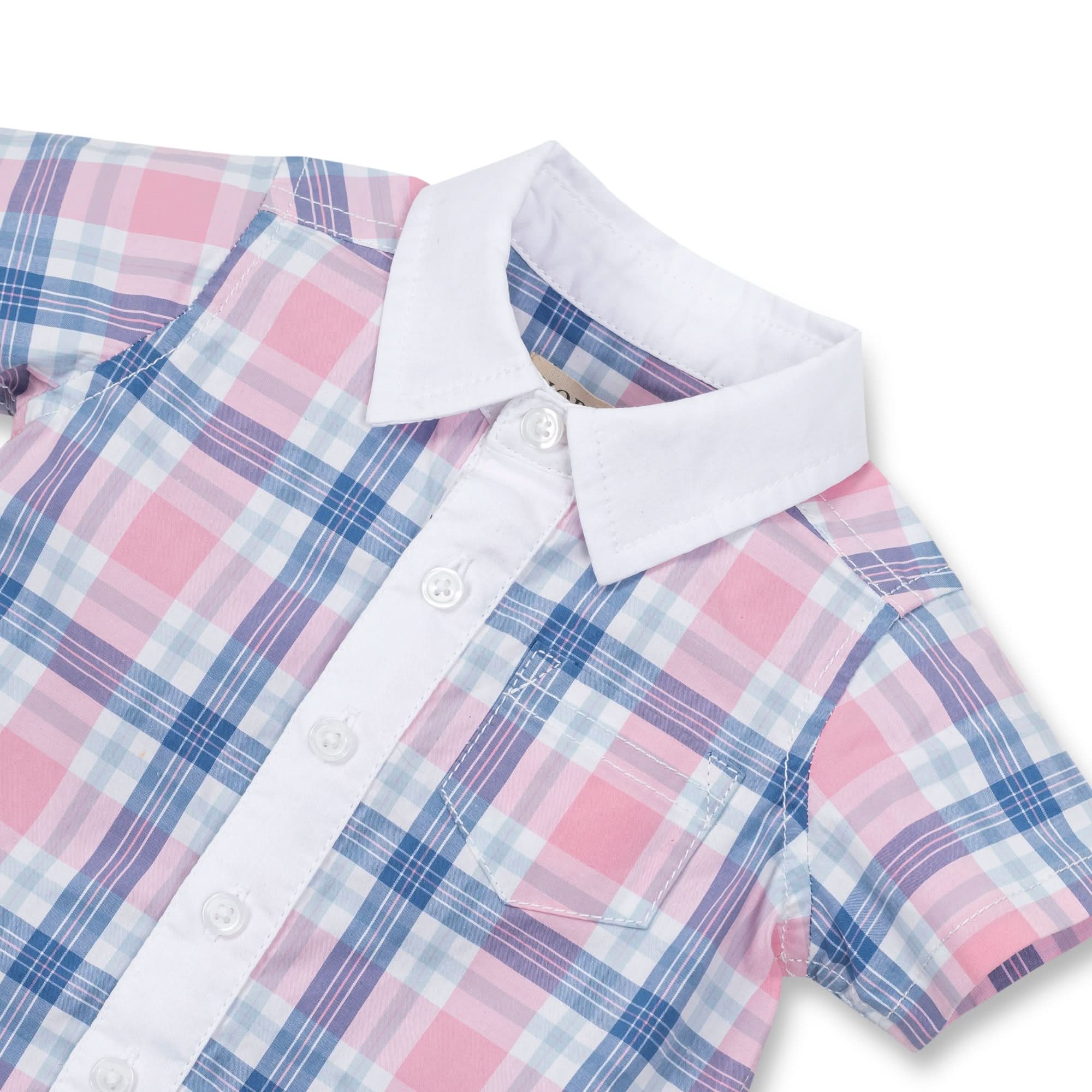 Stretch Organic Poplin Button Front Romper - Fresh Pink and Blue Plaid - Image 2