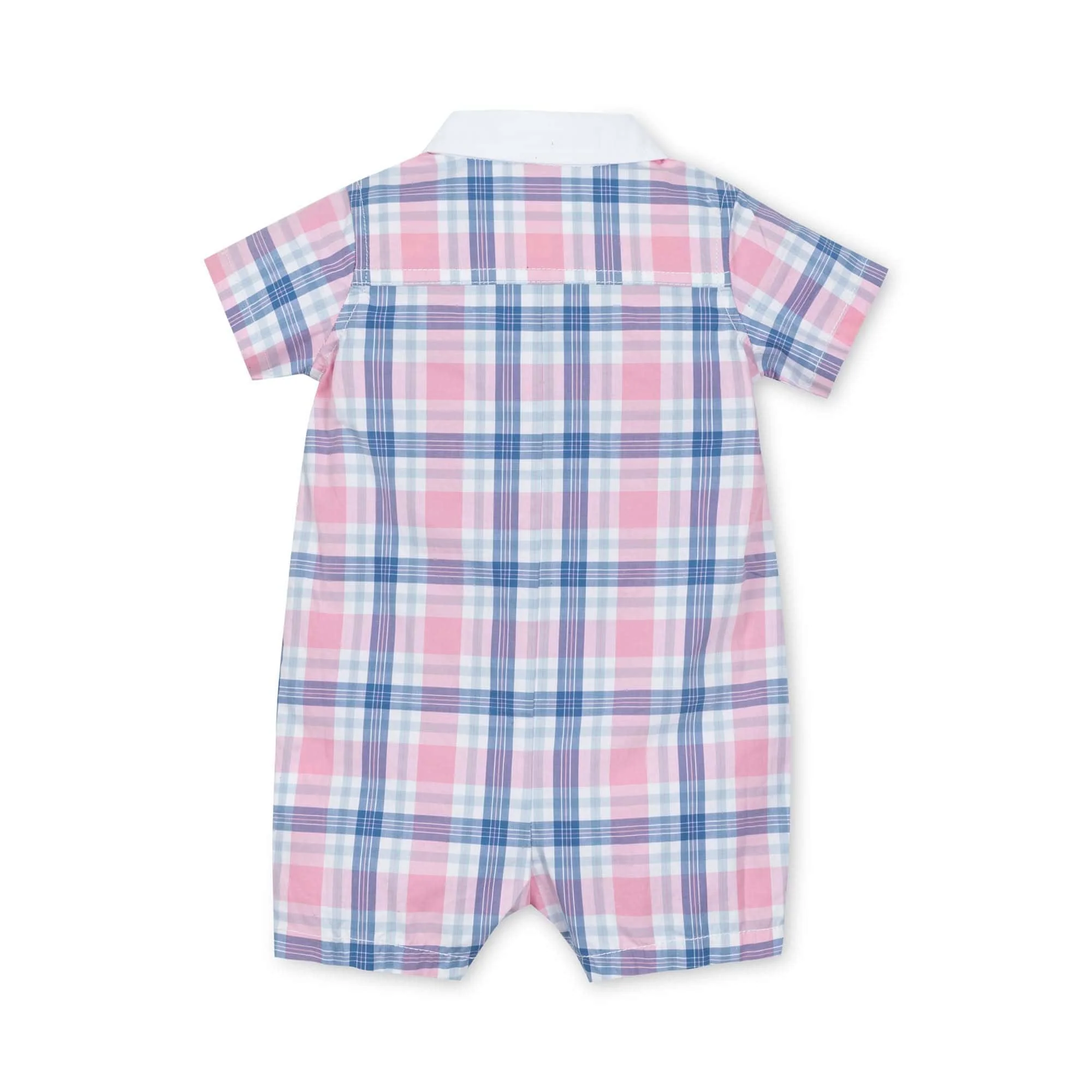 Stretch Organic Poplin Button Front Romper - Fresh Pink and Blue Plaid - Image 3