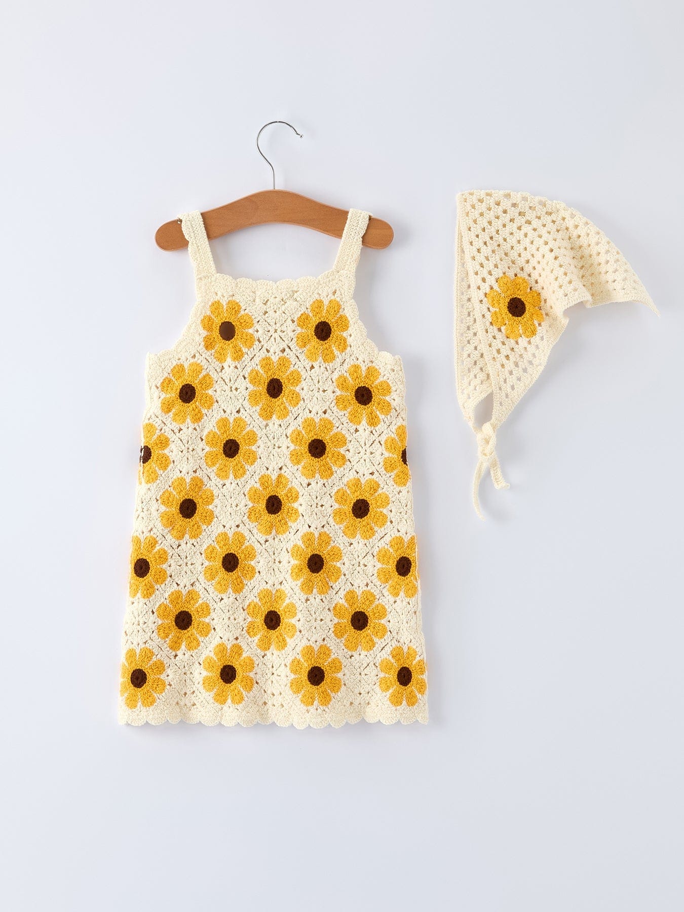 Summer Crochet Sunflower Girl Dress with Headscarf - Image 2
