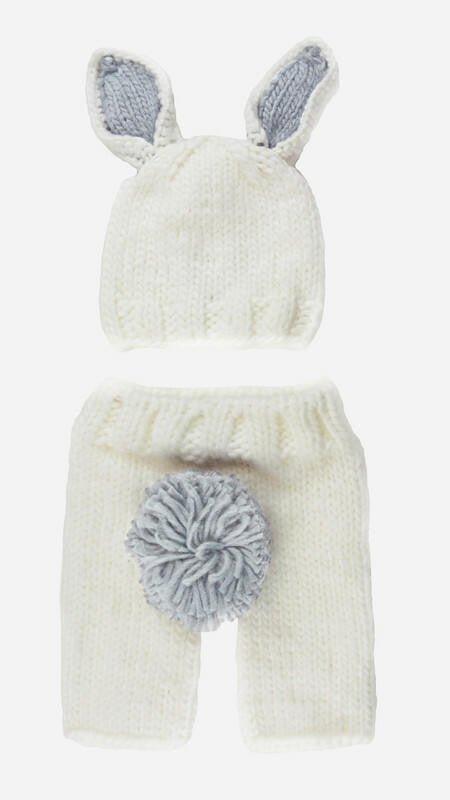 Boy's Bailey Bunny Hand Knit Newborn Outfit Set - White & Grey - Image 2