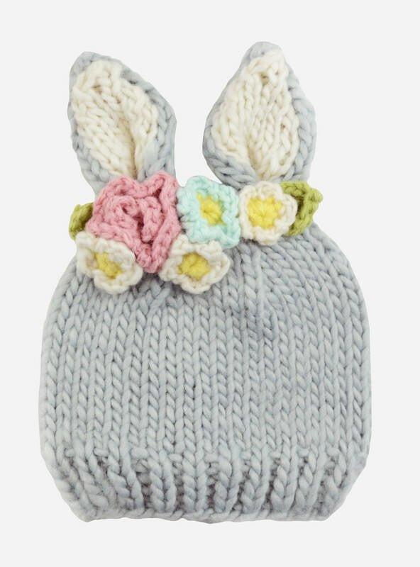 Girl's Bailey Bunny with Flowers Hand Knit Hat - Grey & White - Image 2