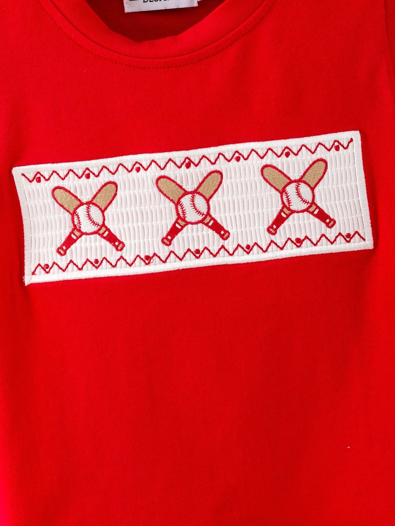 Toddler Boys Red Baseball Smocked Tee and Blue Plaid Shorts Set - Image 2