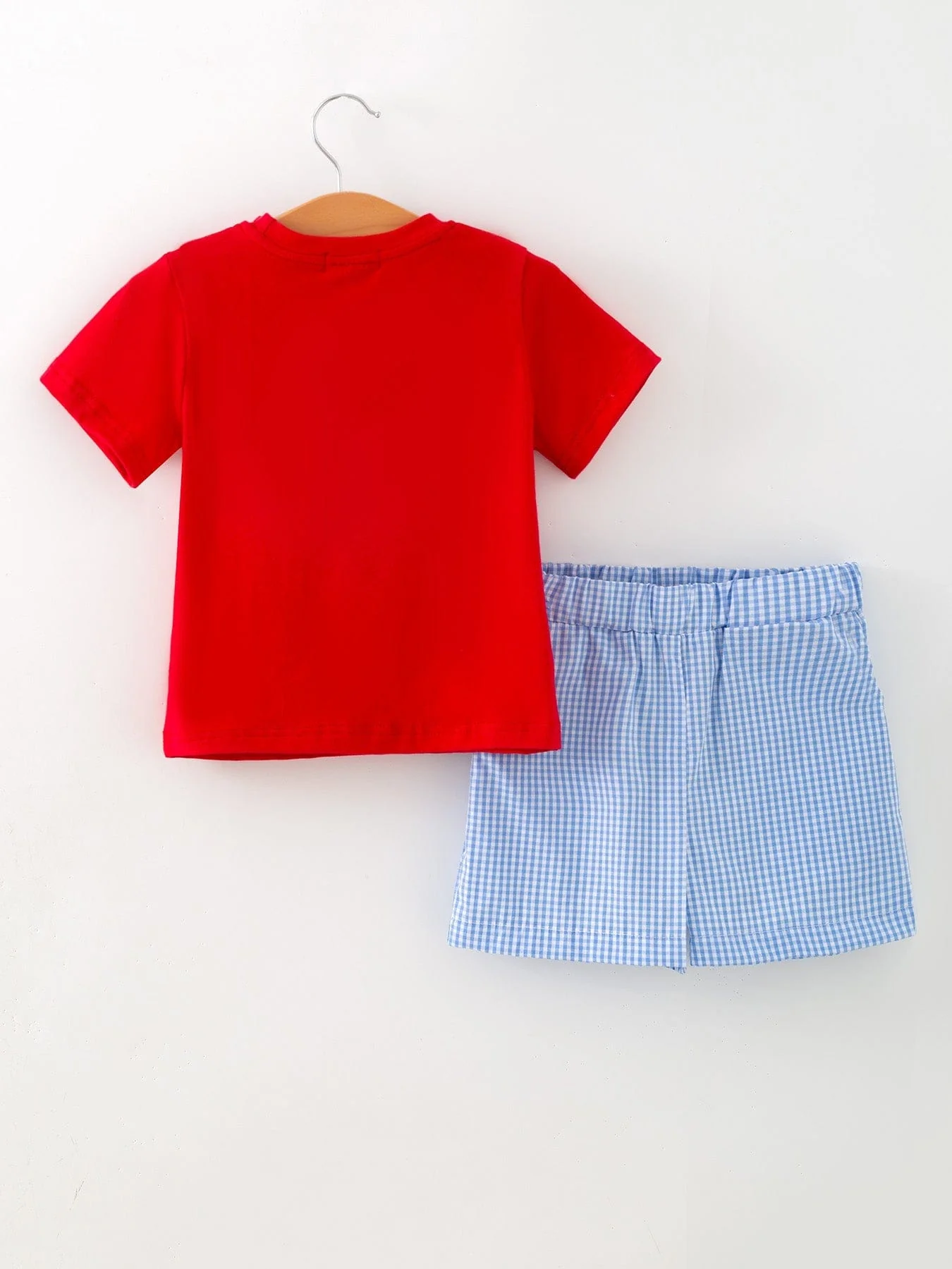 Toddler Boys Red Baseball Smocked Tee and Blue Plaid Shorts Set - Image 5