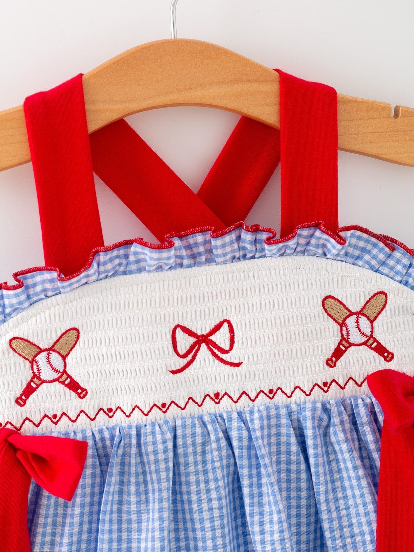Toddler Girls Baseball Smocked Dress - Blue Plaid Summer Outfit - Image 2