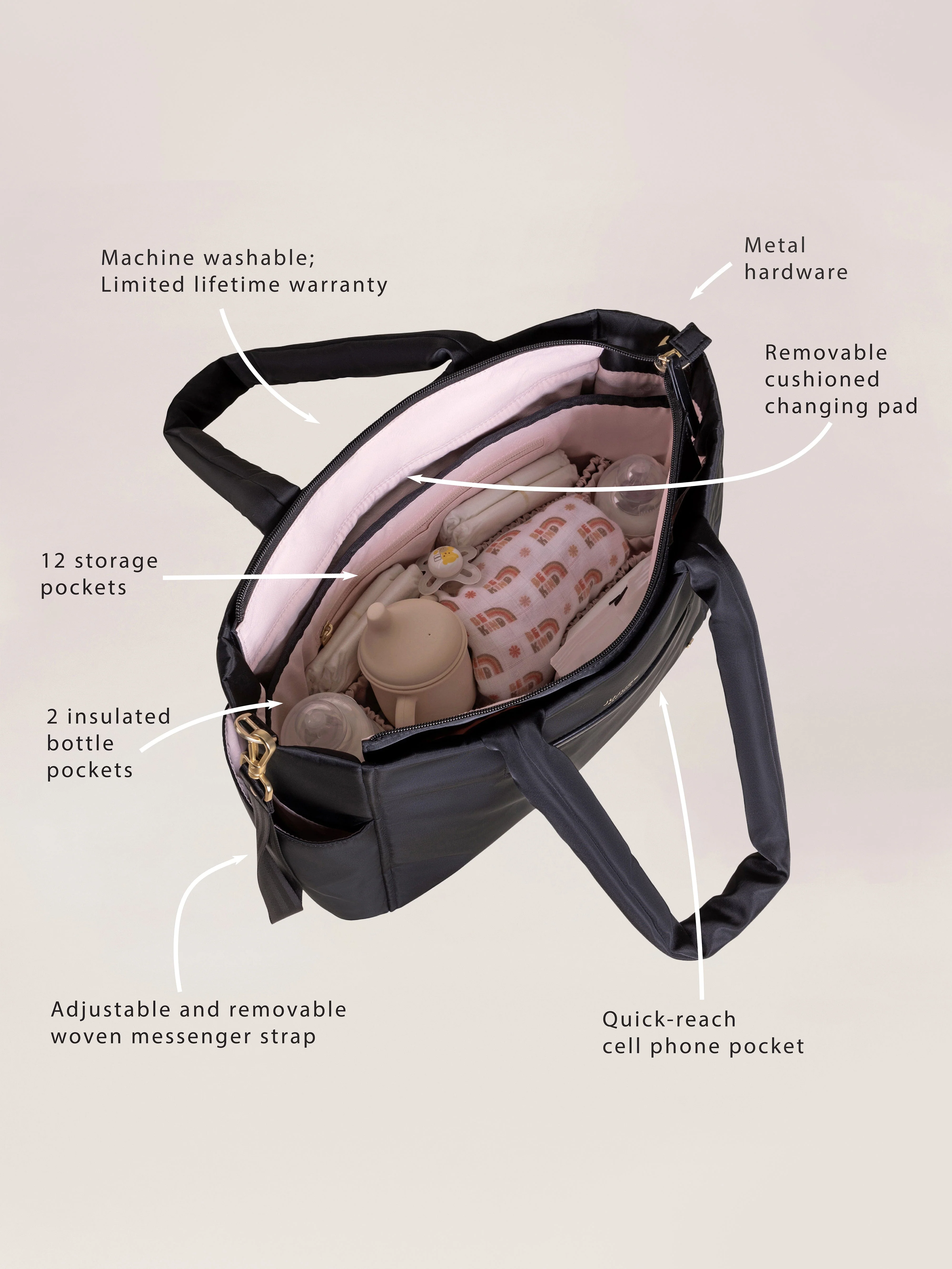 Utility-Strap Tote Diaper Bag - Black - Image 2
